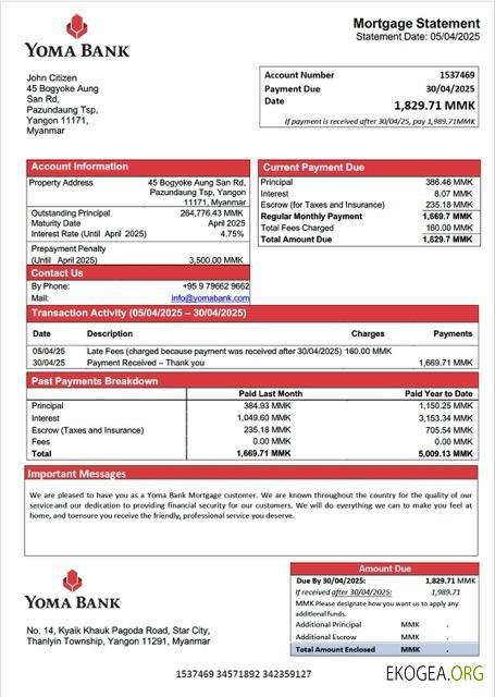 Modèle Word et PDF de relevé hypothécaire de la Myanmar Yoma Bank